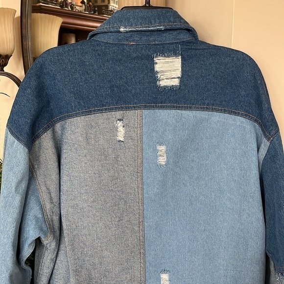 Brand New ELAN Patchwork Jacket Denim Button Up Jean Shacket Distressed Frayed - Picture 10 of 14